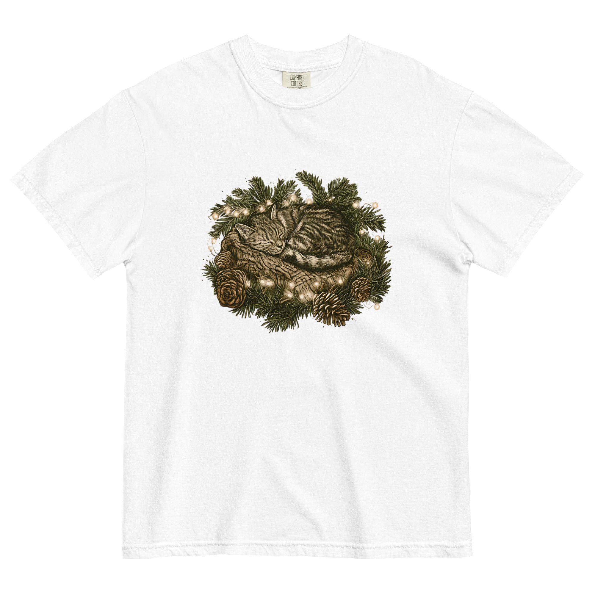 Kitten asleep in a Christmas wreath design on a White garment-dyed cotton t-shirt