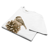 Sparrow on a pine cone design on a White garment-dyed cotton t-shirt