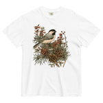 Chickadee and winter berries design on a White garment-dyed cotton t-shirt