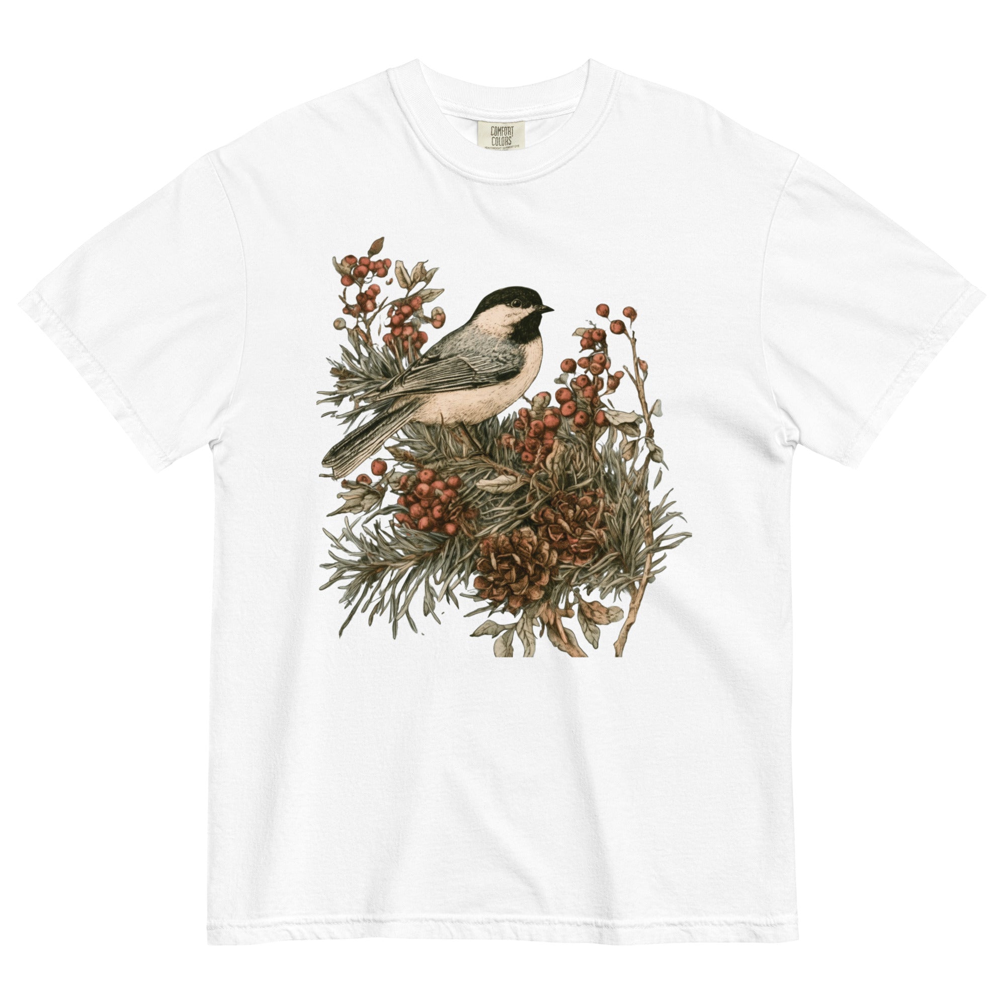 Chickadee and winter berries design on a White garment-dyed cotton t-shirt