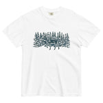 Moose in the winter woods design on a White garment-dyed cotton t-shirt
