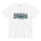 Moose in the winter woods design on a White garment-dyed cotton t-shirt