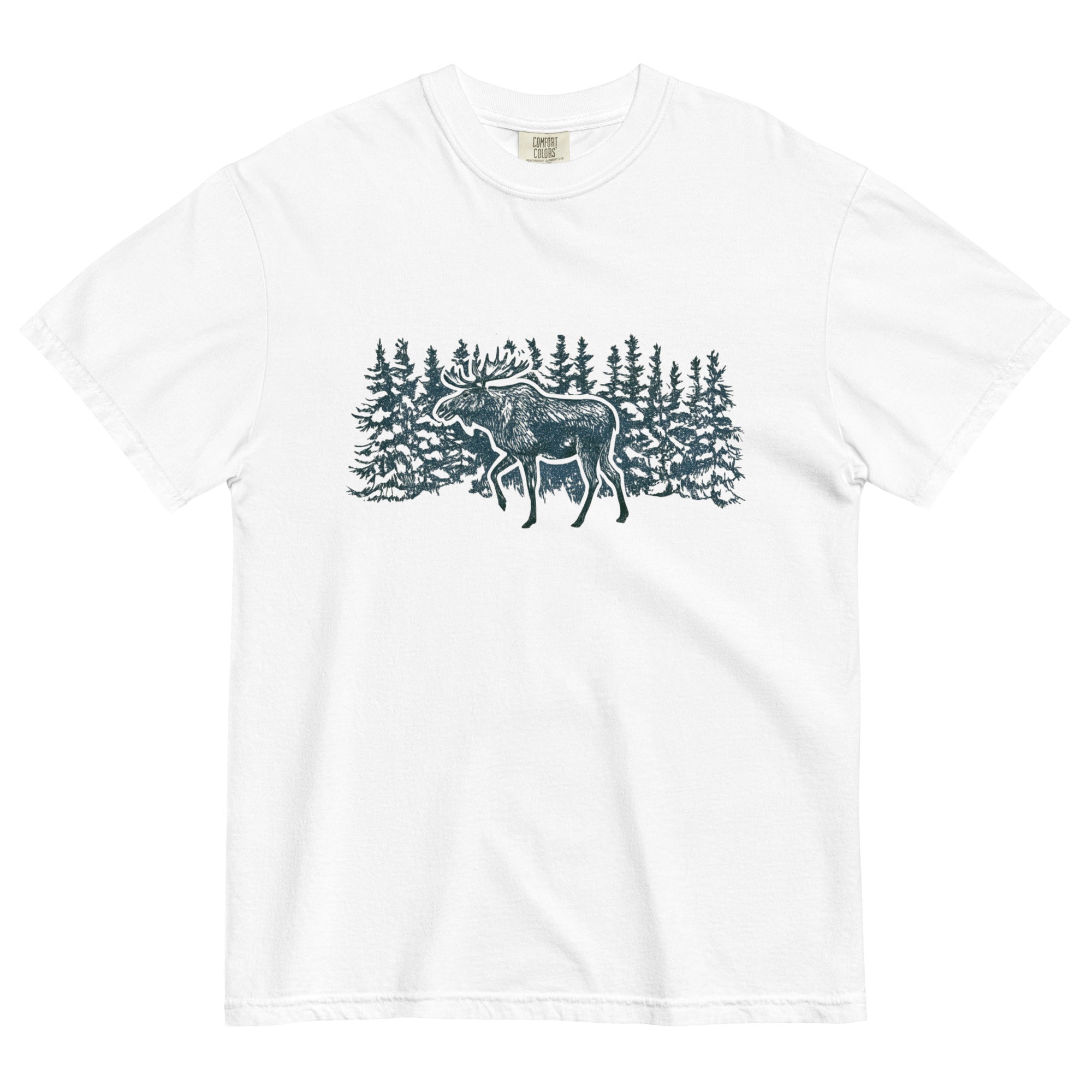 Moose in the winter woods design on a White garment-dyed cotton t-shirt
