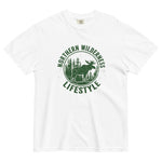 Moose wilderness badge design on a White garment-dyed cotton t-shirt