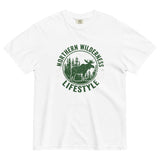 Moose wilderness badge design on a White garment-dyed cotton t-shirt