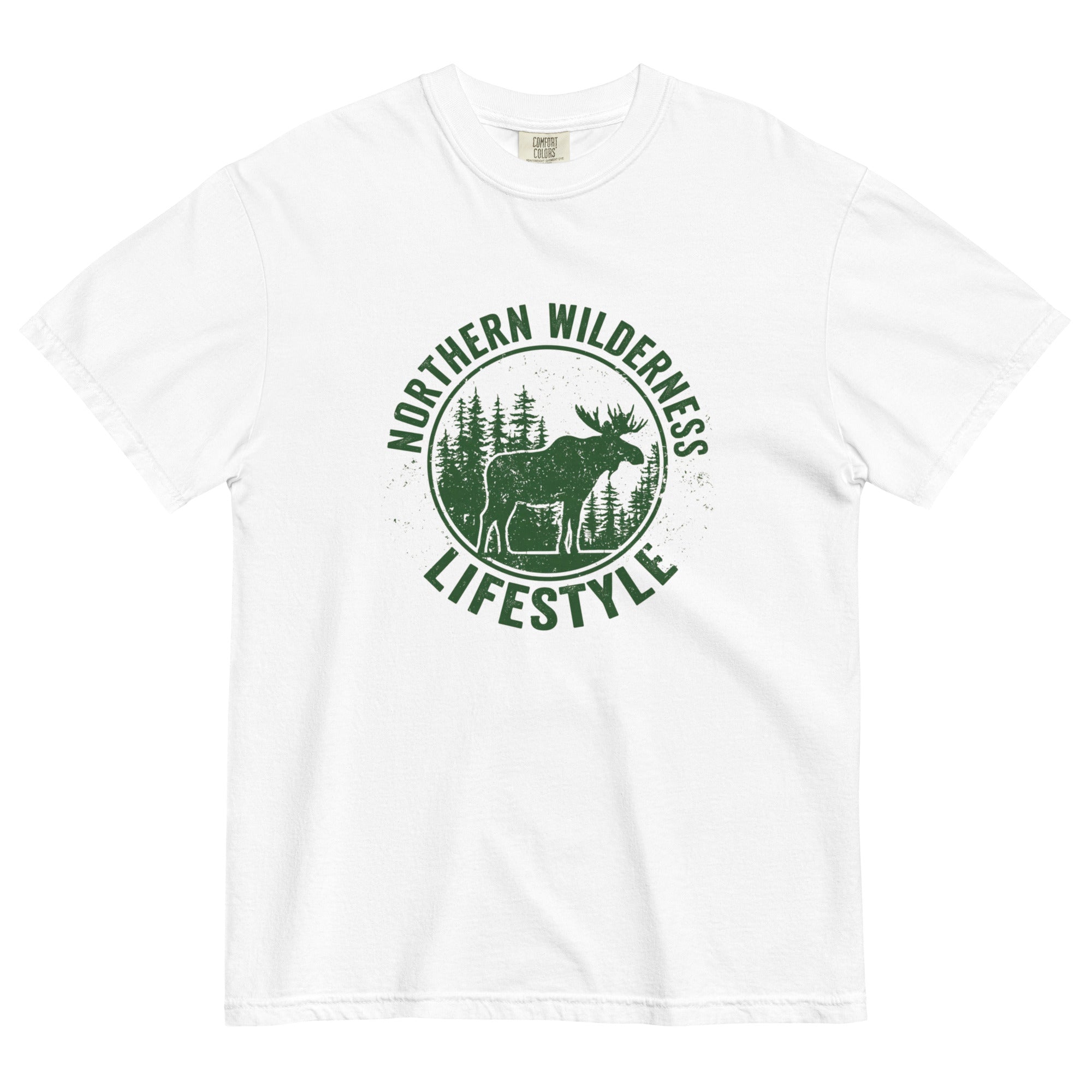 Moose wilderness badge design on a White garment-dyed cotton t-shirt
