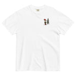 Elf and pine tree design on a White garment-dyed cotton t-shirt