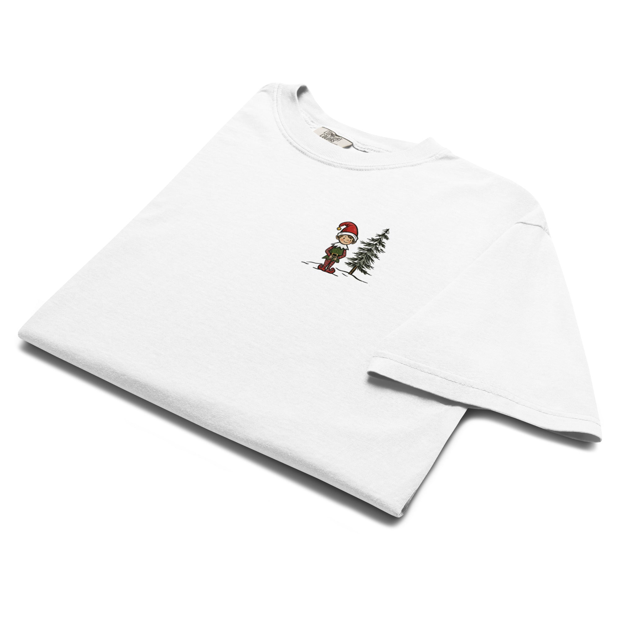 Elf and pine tree design on a White garment-dyed cotton t-shirt