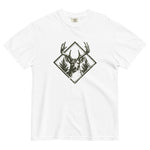 Stag and pines diamond emblem design on a White garment-dyed cotton t-shirt