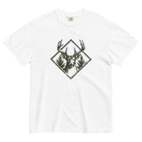 Stag and pines diamond emblem design on a White garment-dyed cotton t-shirt
