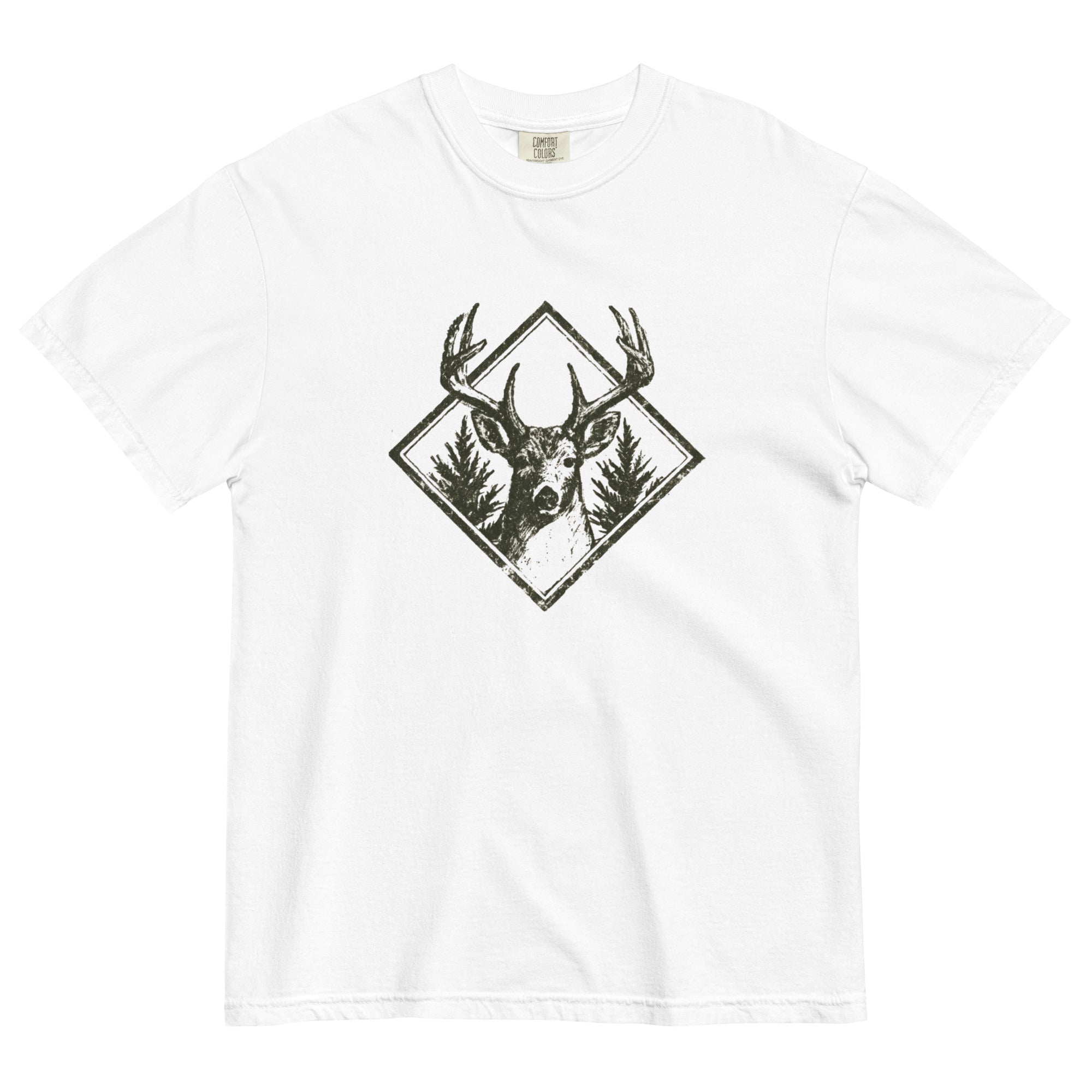 Stag and pines diamond emblem design on a White garment-dyed cotton t-shirt