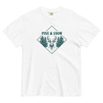 Stag emblem with pine and snow design on a White garment-dyed cotton t-shirt