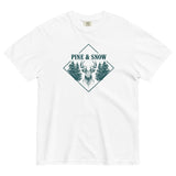 Stag emblem with pine and snow design on a White garment-dyed cotton t-shirt