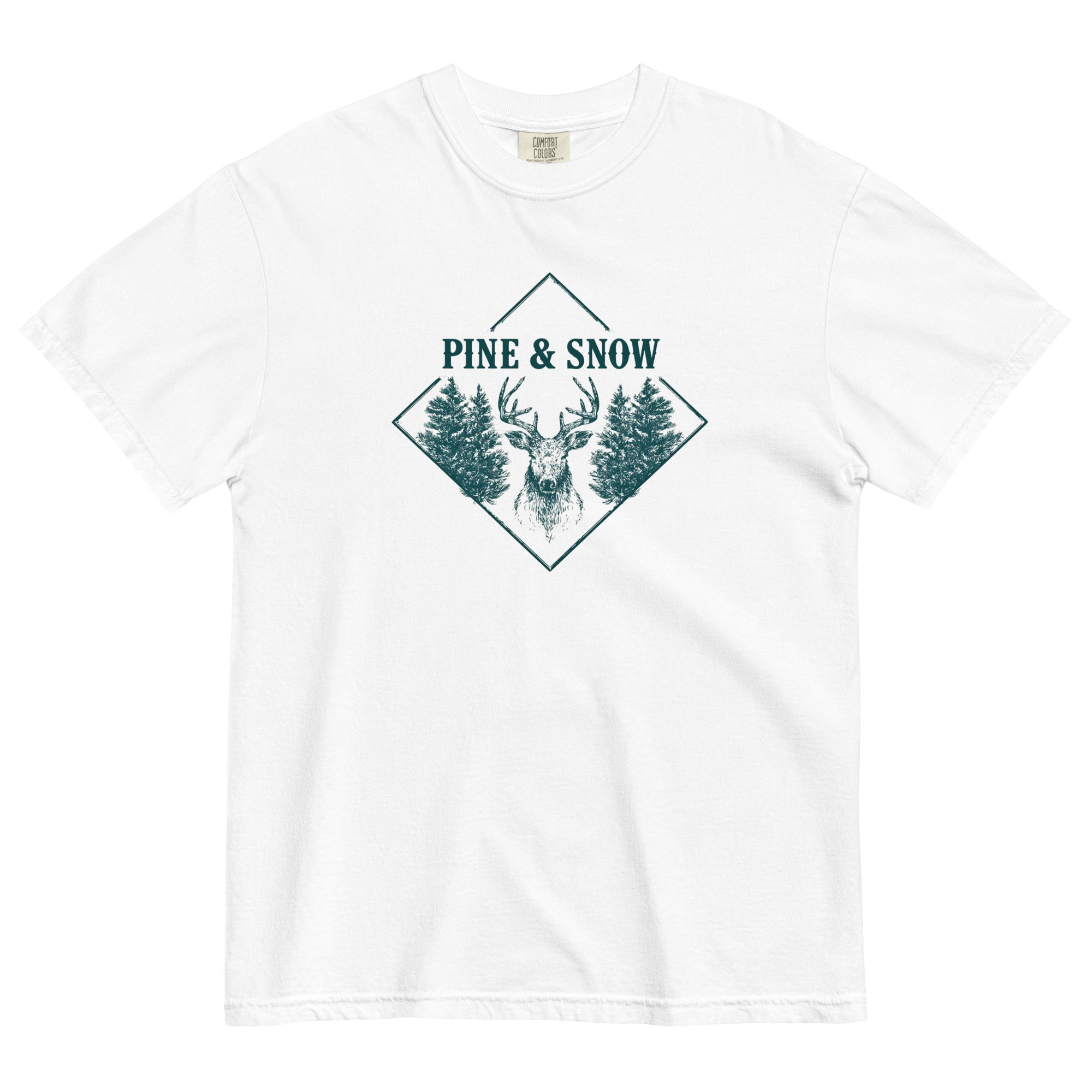 Stag emblem with pine and snow design on a White garment-dyed cotton t-shirt
