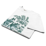 Huskies running in the snow design on a White garment-dyed cotton t-shirt