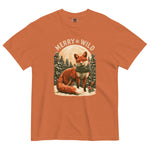 Fox in the snow Christmas design on a Yam garment-dyed cotton t-shirt