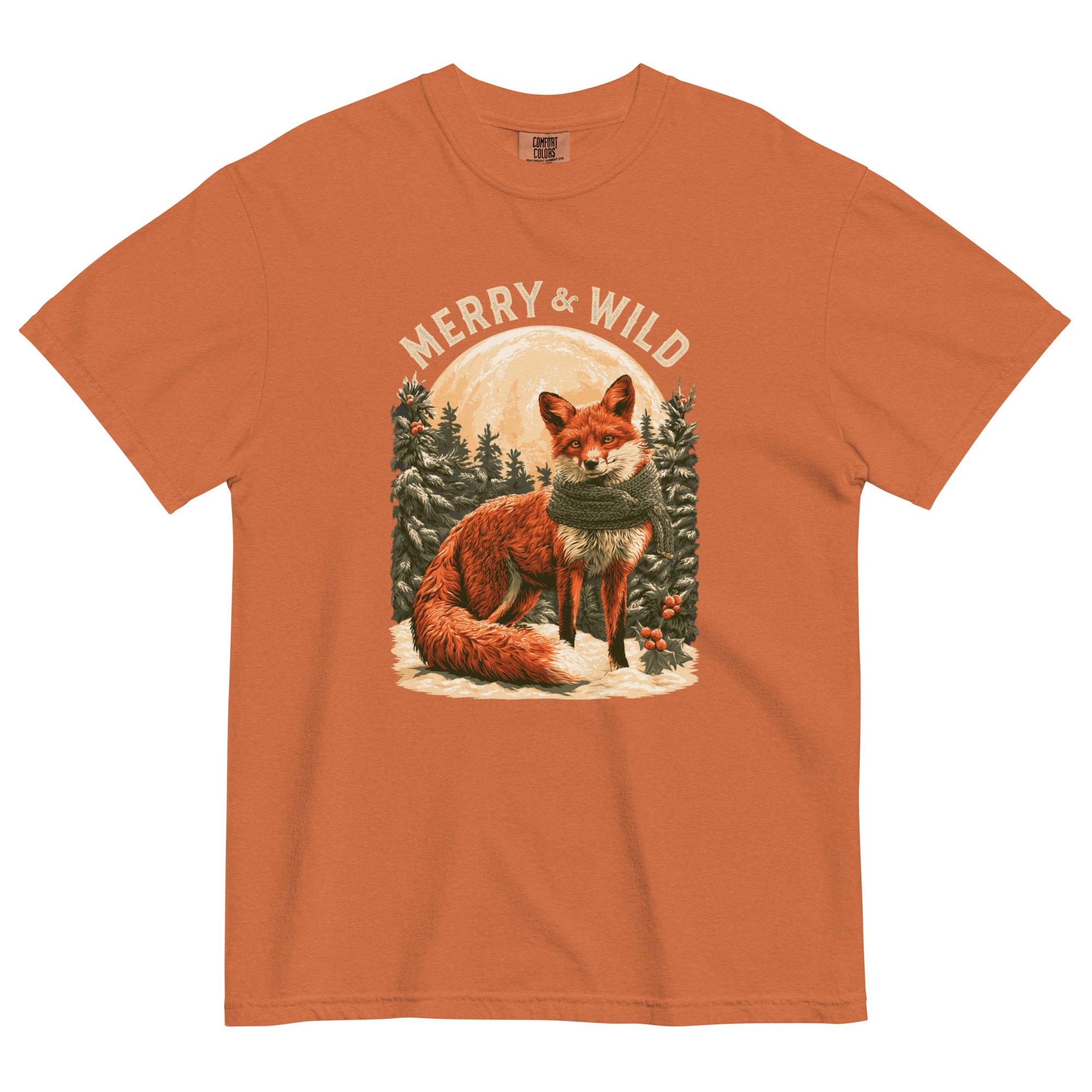 Fox in the snow Christmas design on a Yam garment-dyed cotton t-shirt