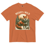 Fox in scarf Christmas design on a Yam garment-dyed cotton t-shirt