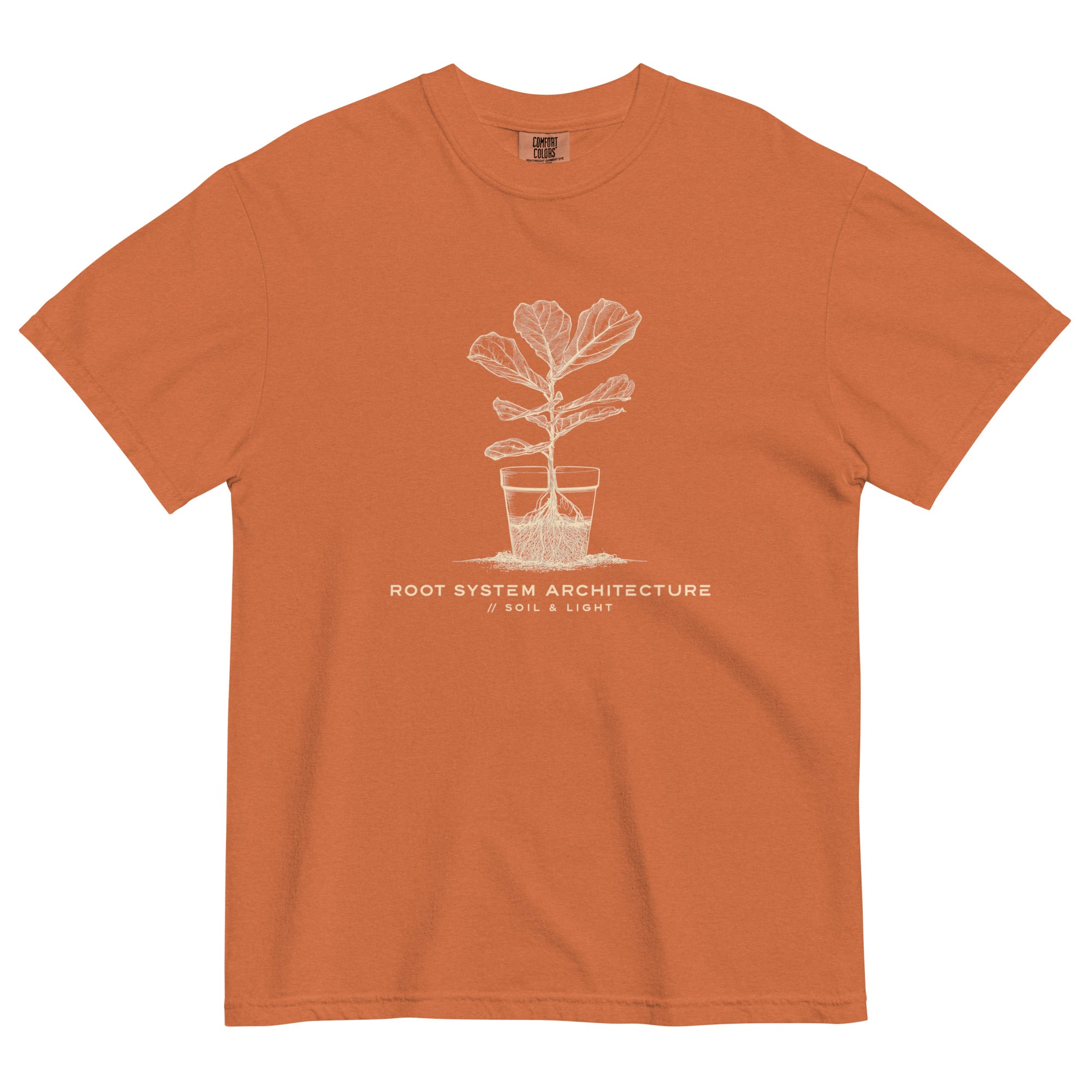 Root system architecture plant design on a Yam garment-dyed cotton t-shirt
