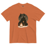 Bear and campfire design on a Yam garment-dyed cotton t-shirt