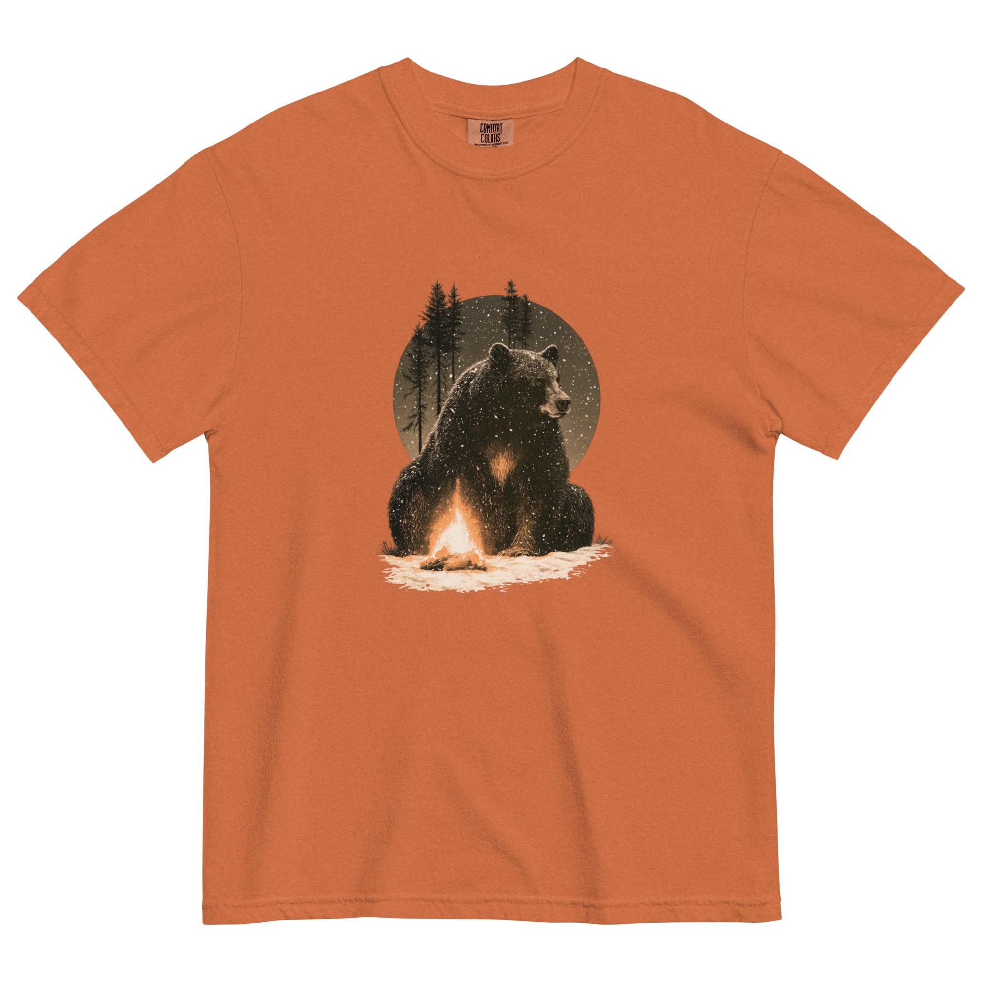 Bear and campfire design on a Yam garment-dyed cotton t-shirt