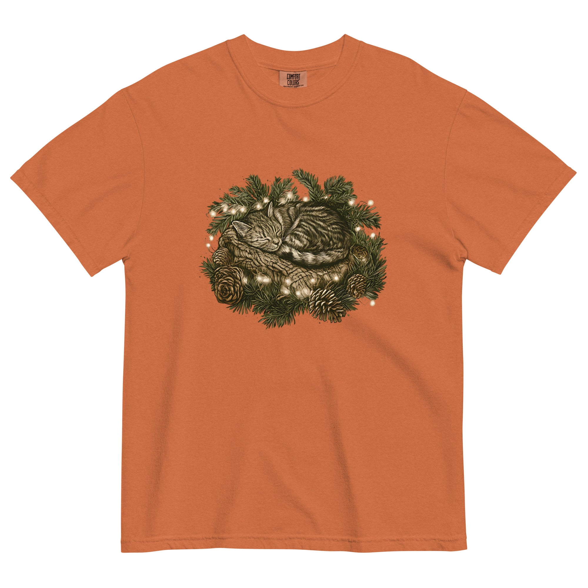 Kitten asleep in a Christmas wreath design on a Yam garment-dyed cotton t-shirt