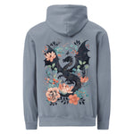 Dragon and flowers design on a Blue Jean garment-dyed hooded sweatshirt