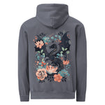 Dragon and flowers design on a Denim garment-dyed hooded sweatshirt