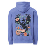Dragon and flowers design on a Flo Blue garment-dyed hooded sweatshirt