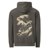 Husky and snow wave design on a Pepper garment-dyed hooded sweatshirt