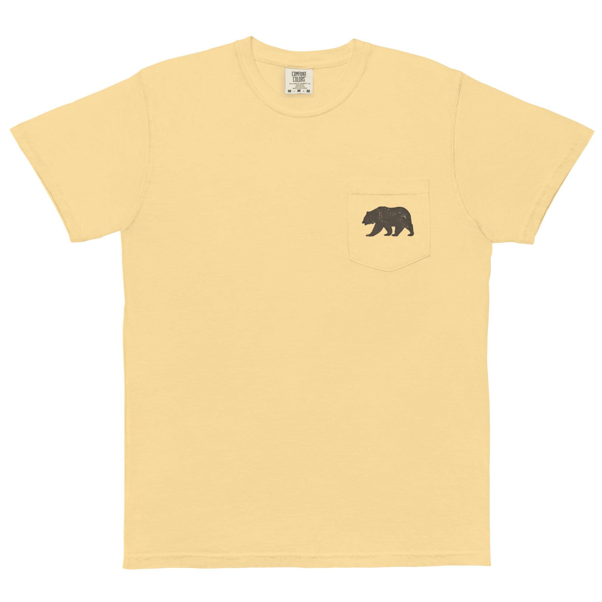 Grizzly bear pocket design on a Butter garment-dyed cotton pocket t-shirt