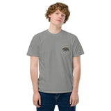 Grizzly bear pocket design on a Grey garment-dyed cotton pocket t-shirt