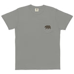 Grizzly bear pocket design on a Grey garment-dyed cotton pocket t-shirt