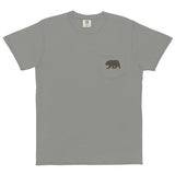 Grizzly bear pocket design on a Grey garment-dyed cotton pocket t-shirt