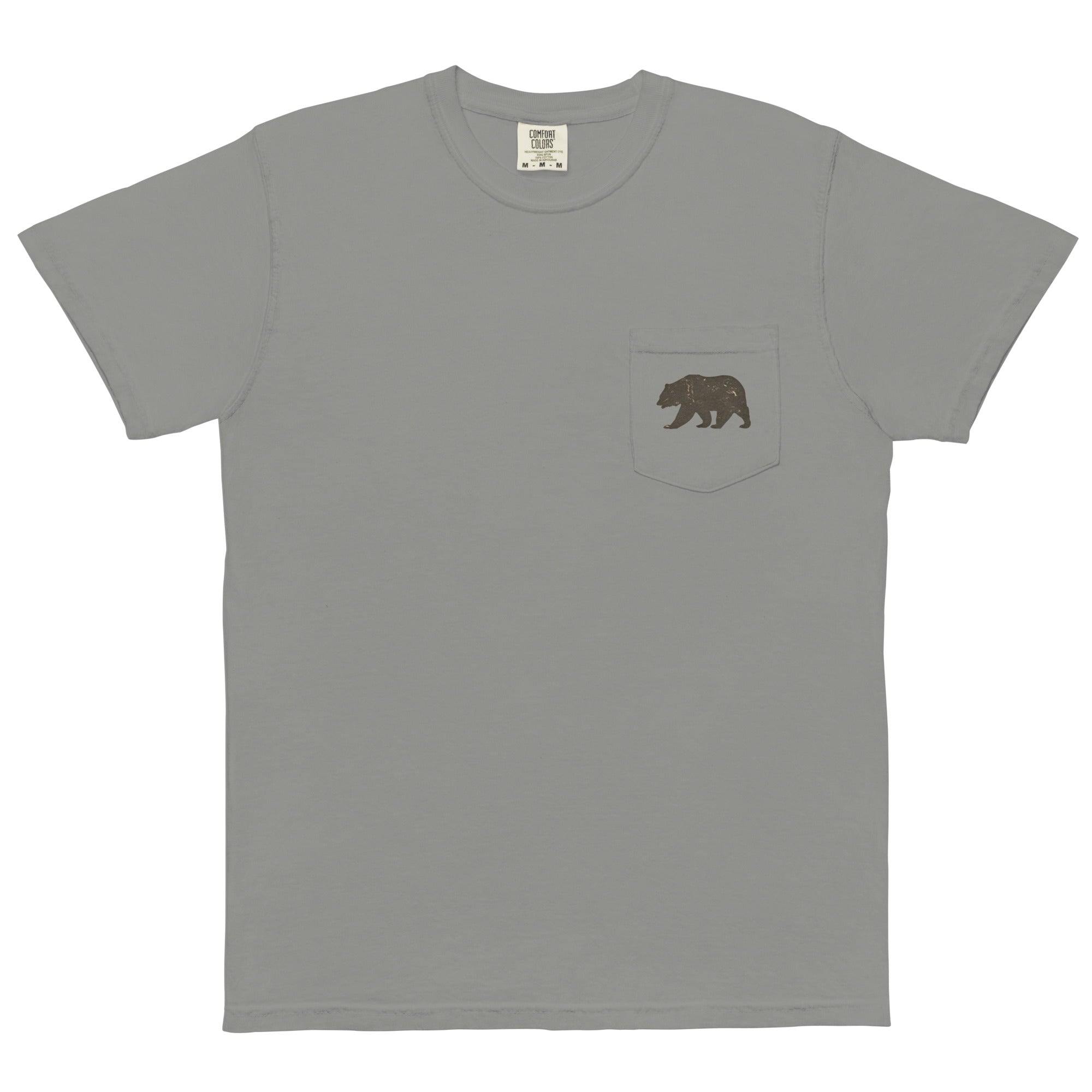 Grizzly bear pocket design on a Grey garment-dyed cotton pocket t-shirt