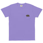 Grizzly bear pocket design on a Violet garment-dyed cotton pocket t-shirt