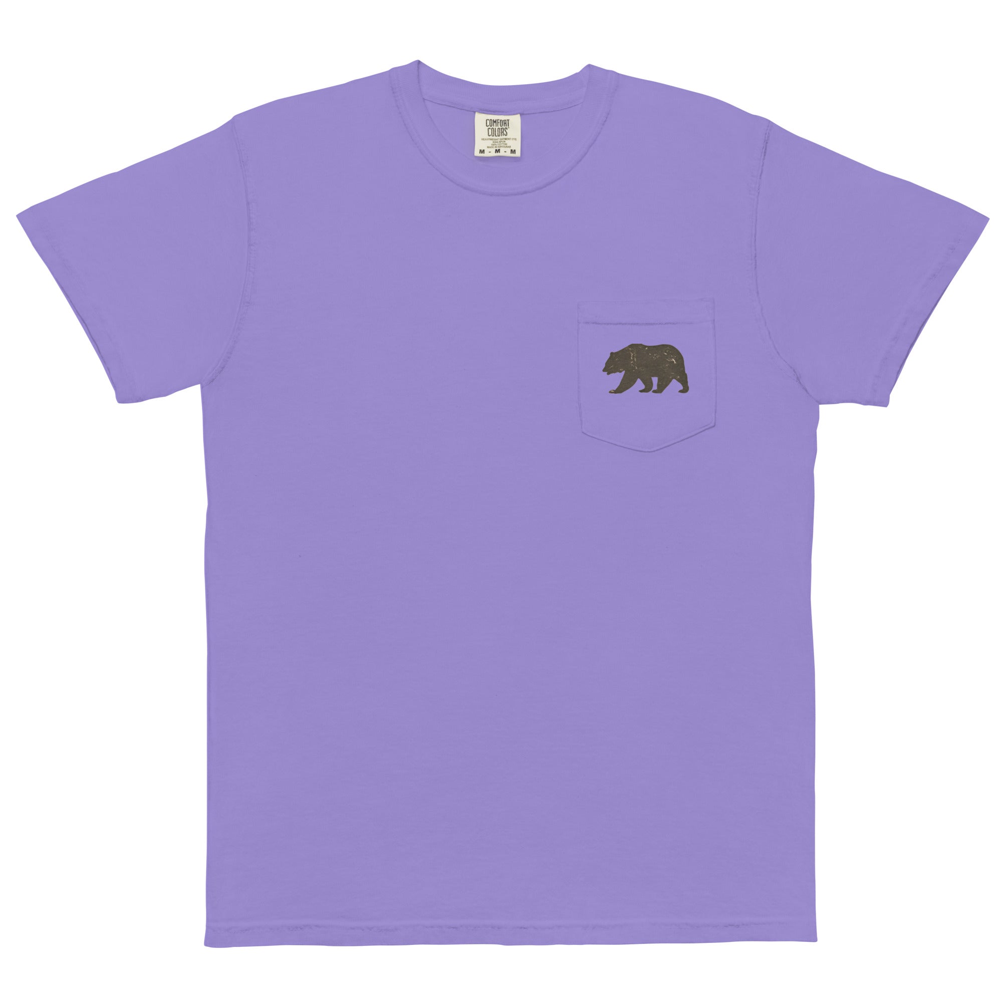 Grizzly bear pocket design on a Violet garment-dyed cotton pocket t-shirt