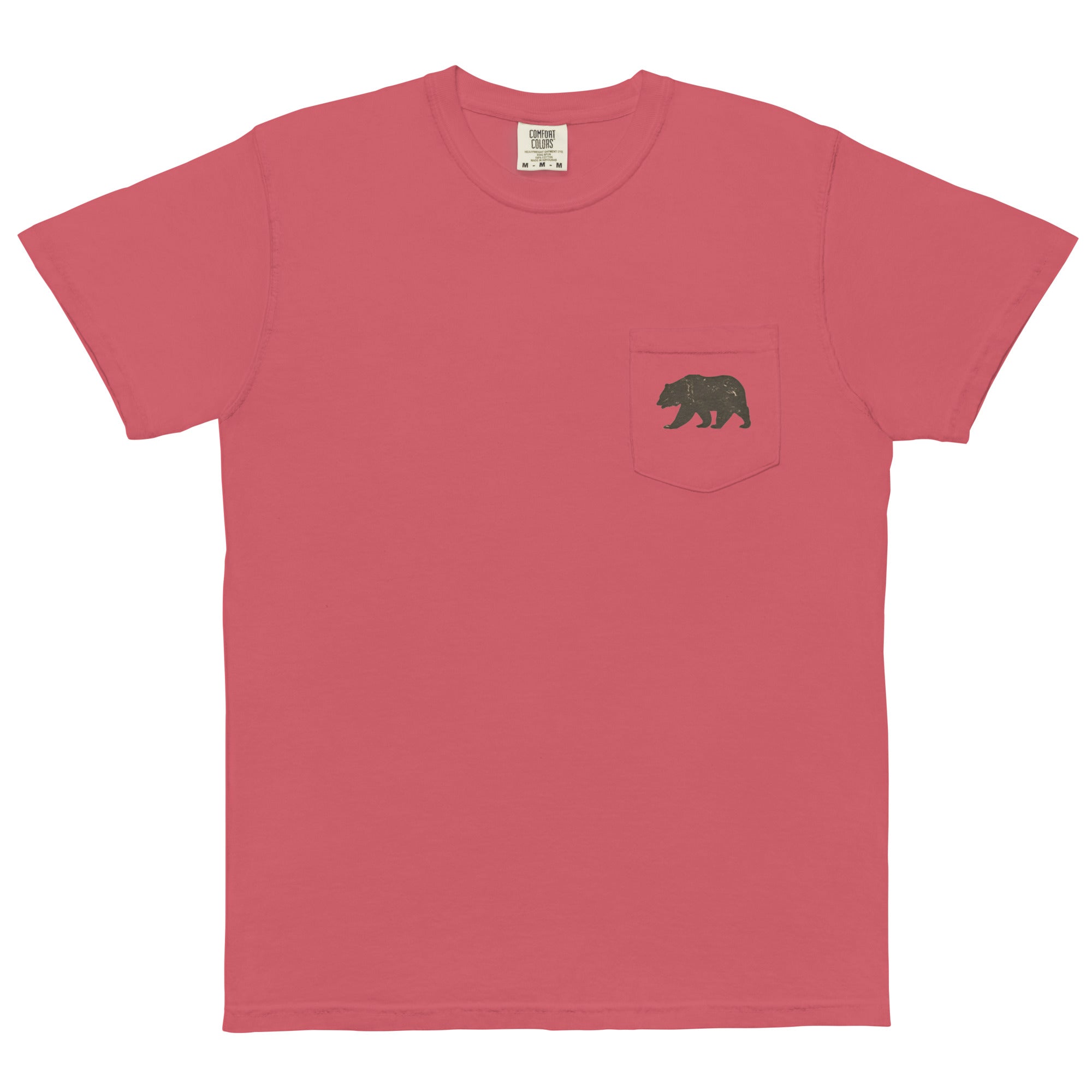 Grizzly bear pocket design on a Watermelon garment-dyed cotton pocket t-shirt