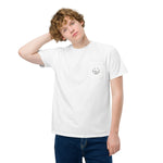 Frog and holly wreath pocket design on a White garment-dyed cotton pocket t-shirt