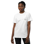Frog and holly wreath pocket design on a White garment-dyed cotton pocket t-shirt