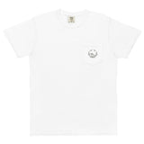 Frog and holly wreath pocket design on a White garment-dyed cotton pocket t-shirt