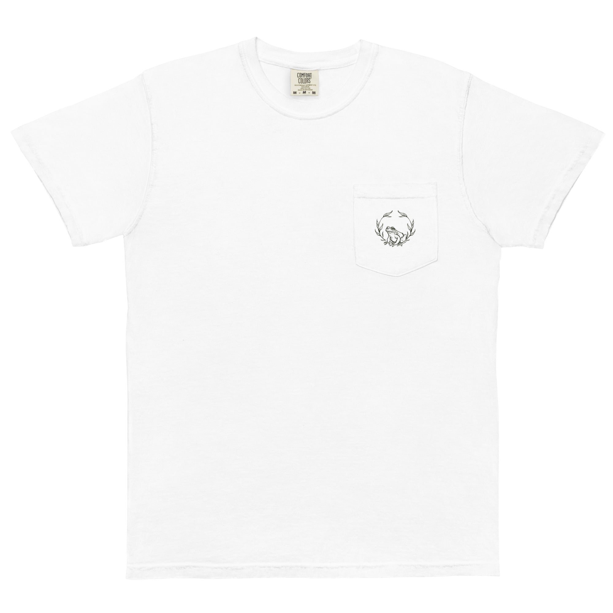 Frog and holly wreath pocket design on a White garment-dyed cotton pocket t-shirt