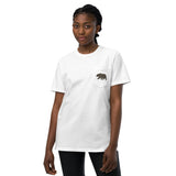 Grizzly bear pocket design on a White garment-dyed cotton pocket t-shirt