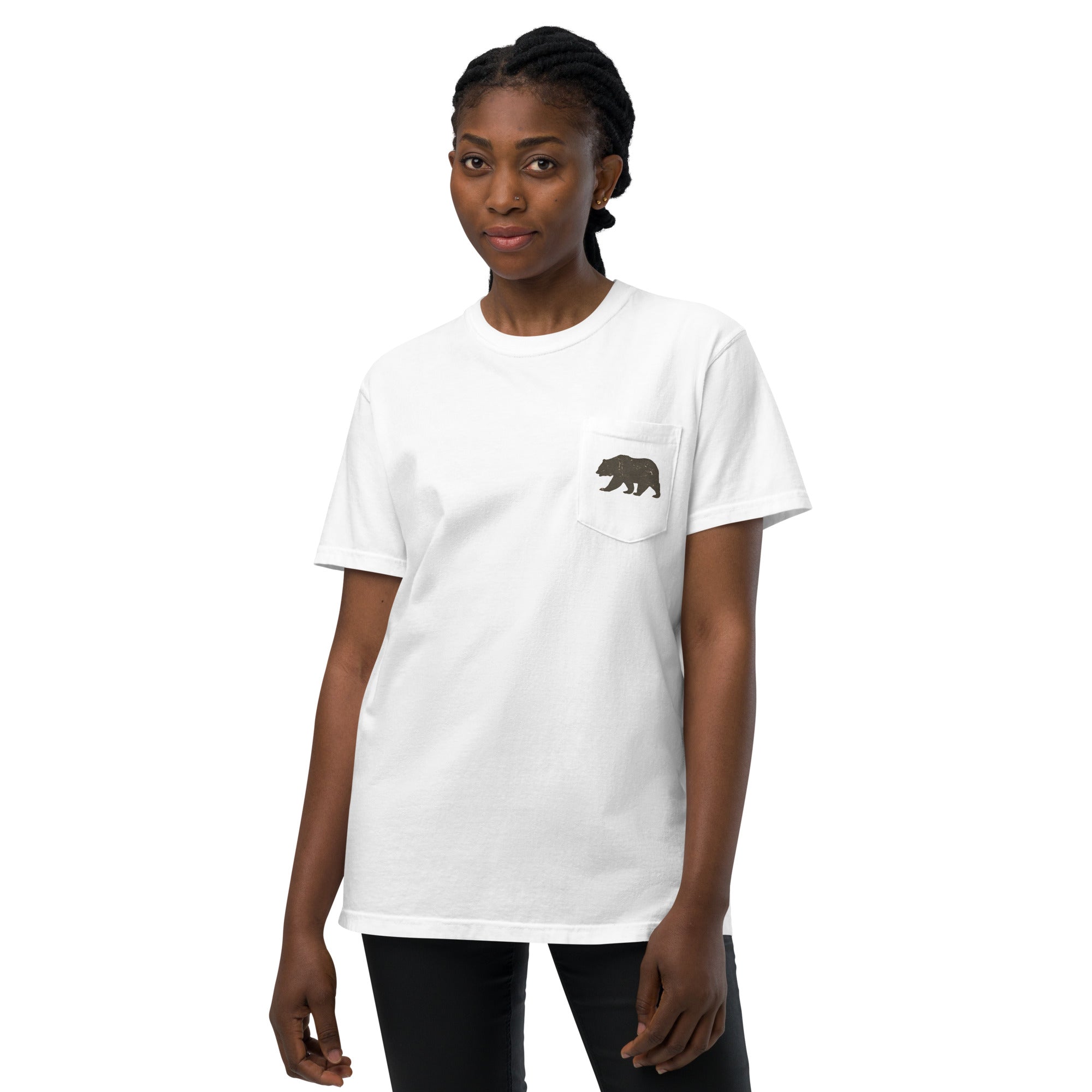 Grizzly bear pocket design on a White garment-dyed cotton pocket t-shirt
