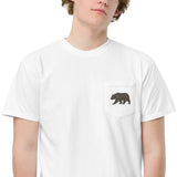 Grizzly bear pocket design on a White garment-dyed cotton pocket t-shirt