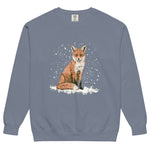 Red fox sitting in the snow design on a Blue Jean garment-dyed sweatshirt