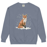 Red fox sitting in the snow design on a Blue Jean garment-dyed sweatshirt