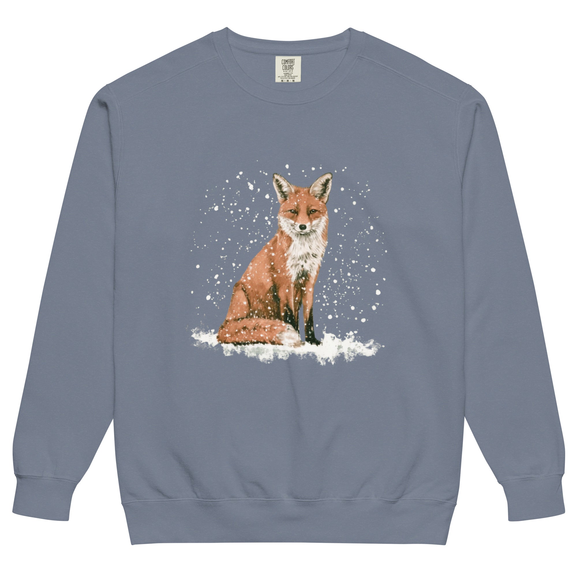 Red fox sitting in the snow design on a Blue Jean garment-dyed sweatshirt