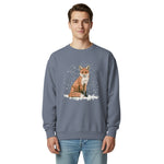 Red fox sitting in the snow design on a Blue Jean garment-dyed sweatshirt