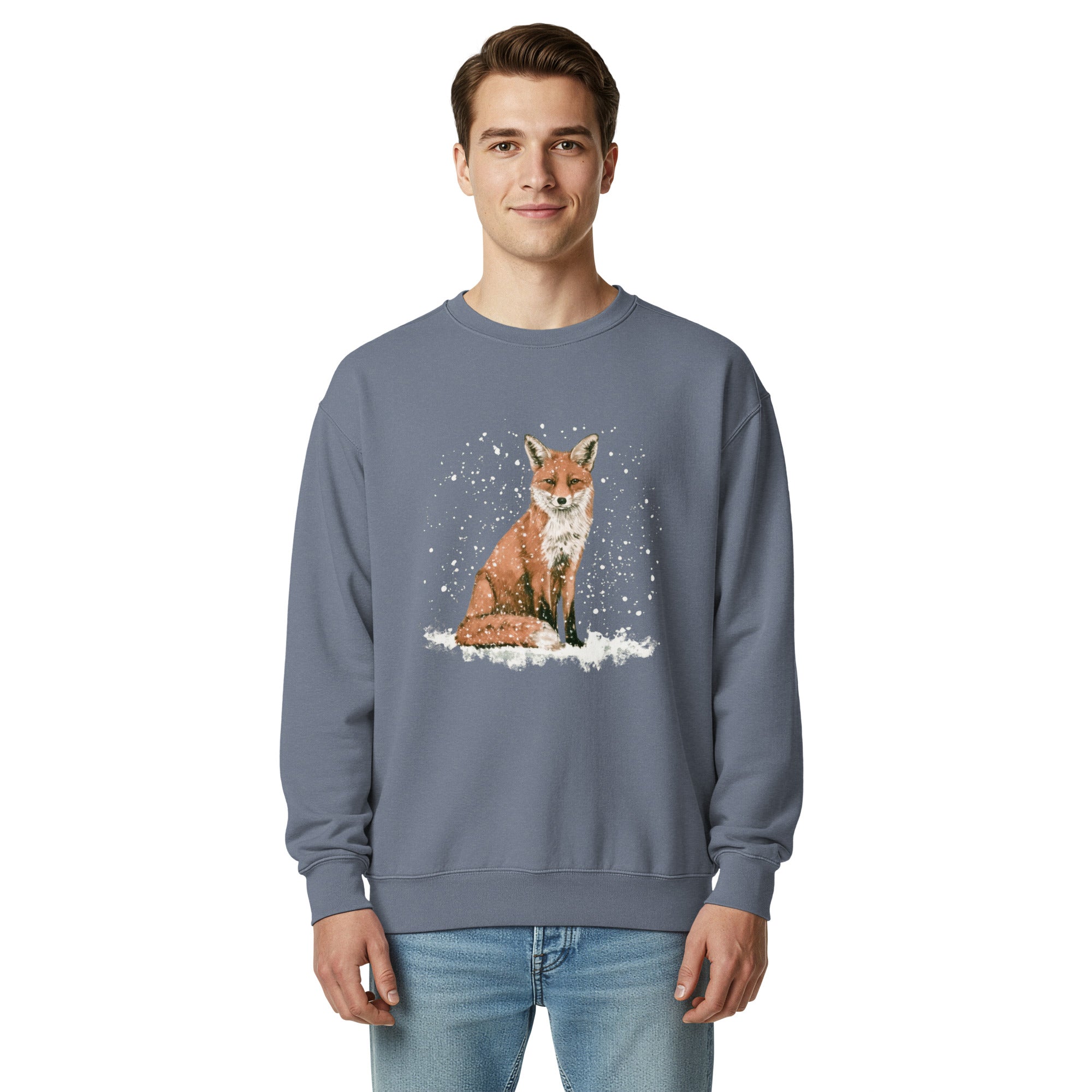 Red fox sitting in the snow design on a Blue Jean garment-dyed sweatshirt